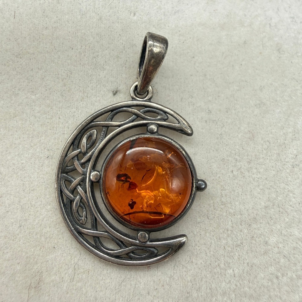 Celtic Crescent Moon Amber Pendant Sterling Silver 925 Cognac Cabochon - Picture 3 of 7